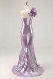 Metallic Lilac One-Shoulder Long Prom Dress with Draped Ruffle Detail