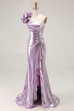 Metallic Lilac One-Shoulder Long Prom Dress with Draped Ruffle Detail