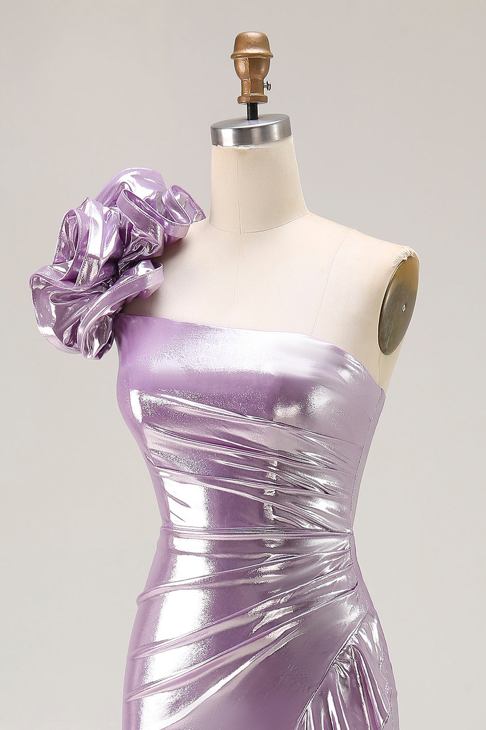 Metallic Lilac One-Shoulder Long Prom Dress with Draped Ruffle Detail