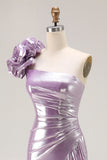 Metallic Lilac One-Shoulder Long Prom Dress with Draped Ruffle Detail
