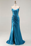 Royal Blue Strapless Ruched Corset Mermaid Beaded Long Prom Dress With Slit