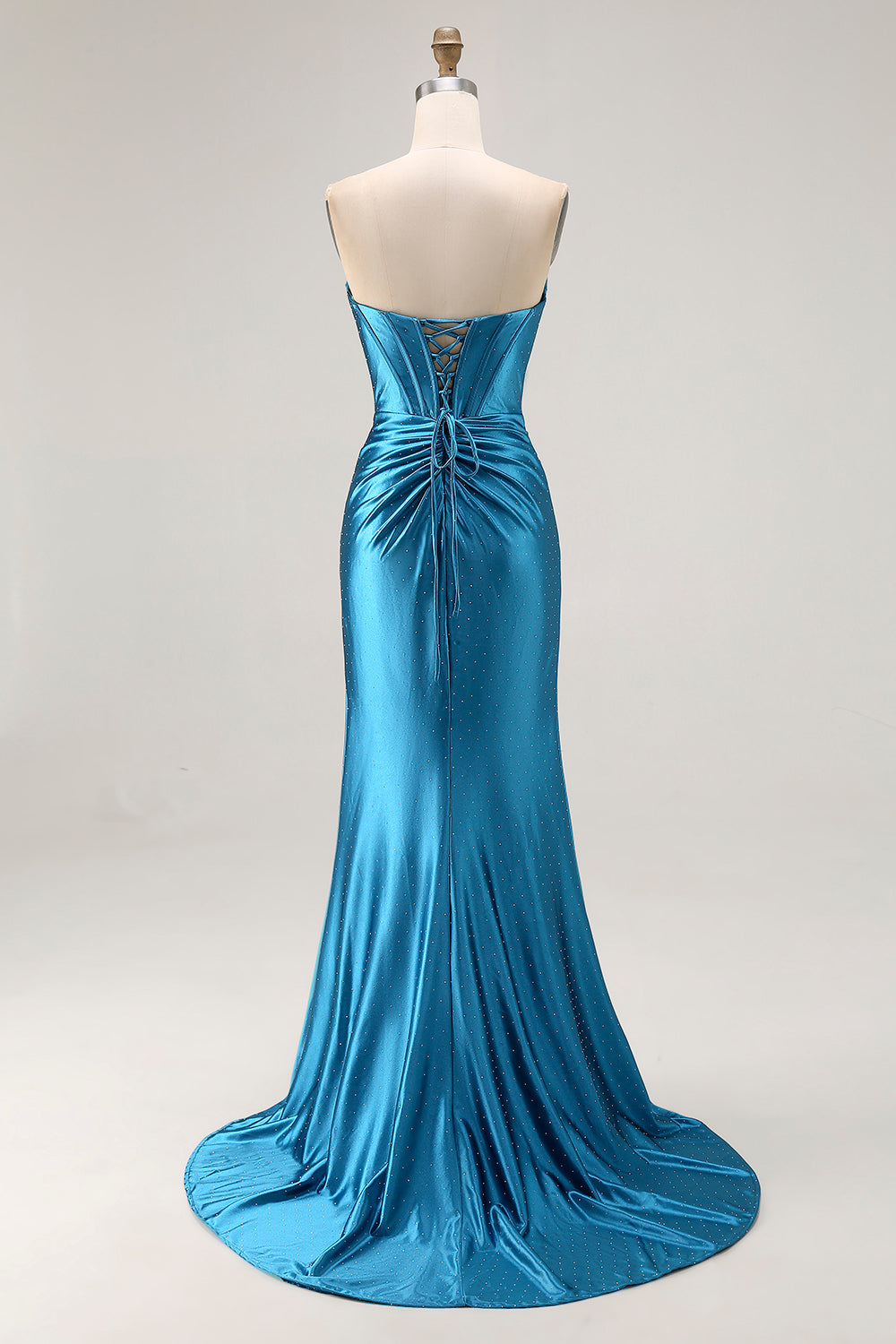 Royal Blue Strapless Ruched Corset Mermaid Beaded Long Prom Dress With Slit