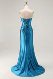 Royal Blue Strapless Ruched Corset Mermaid Beaded Long Prom Dress With Slit