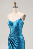 Royal Blue Strapless Ruched Corset Mermaid Beaded Long Prom Dress With Slit