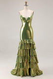 Gold Metallic Tiered Mermaid Tie Back Long Prom Dress With Slit