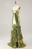 Gold Metallic Tiered Mermaid Tie Back Long Prom Dress With Slit