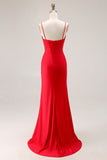 Red Mermaid Corset Spaghetti Straps Ruched Satin Long Prom Dress