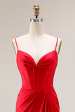 Red Mermaid Corset Spaghetti Straps Ruched Satin Long Prom Dress