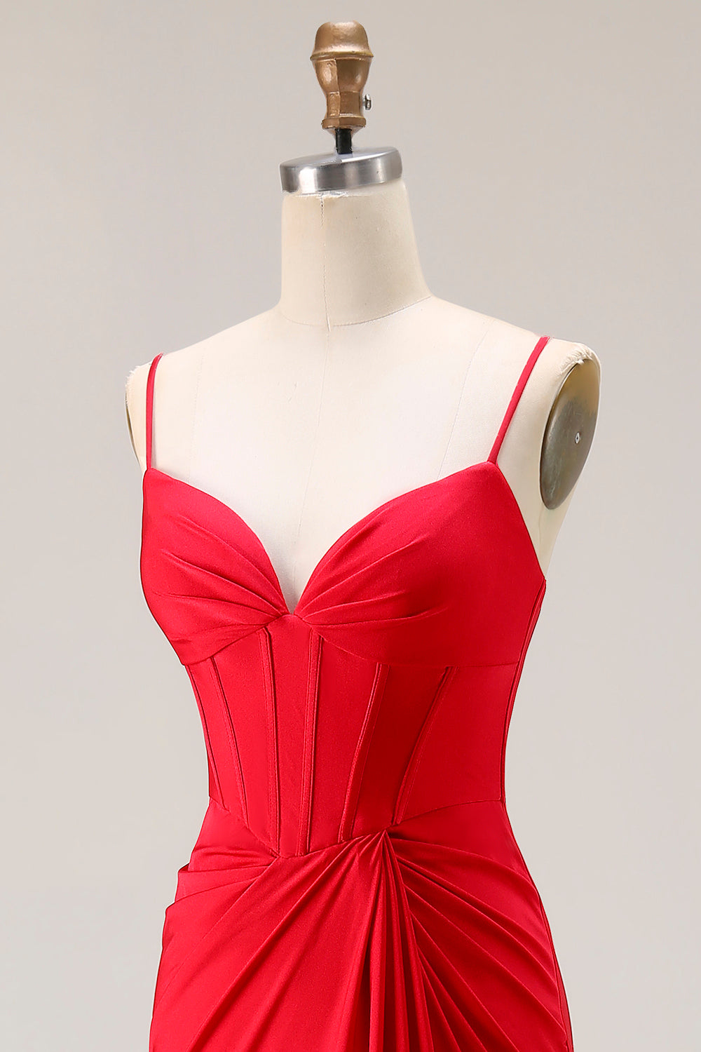 Red Mermaid Corset Spaghetti Straps Ruched Satin Long Prom Dress