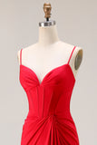 Red Mermaid Corset Spaghetti Straps Ruched Satin Long Prom Dress