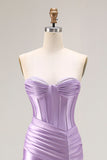 Strapless Purple Mermaid Corset Pleated Long Prom Dress With Slit