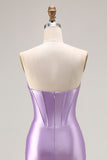 Strapless Purple Mermaid Corset Pleated Long Prom Dress With Slit