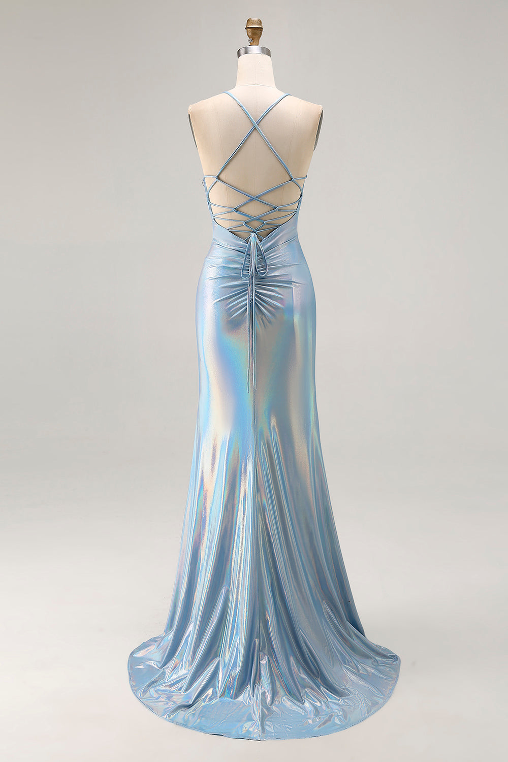 Light Blue Metallic Ruched Mermaid Lace Up Back Long Prom Dress With Slit