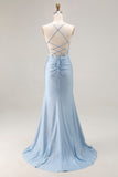 Light Blue Ruched Mermaid Lace Up Back Long Prom Dress With Slit