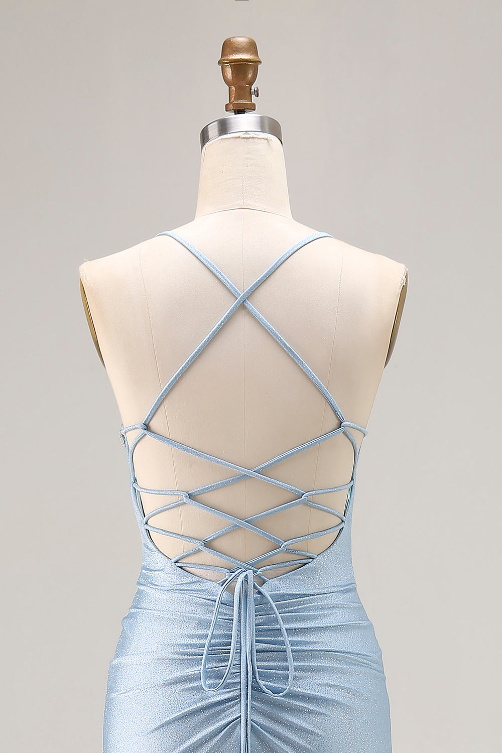 Light Blue Ruched Mermaid Lace Up Back Long Prom Dress With Slit