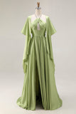 Sage Green A Line Satin Corset Keyhole Long Evenning Dress with Cap Sleeves