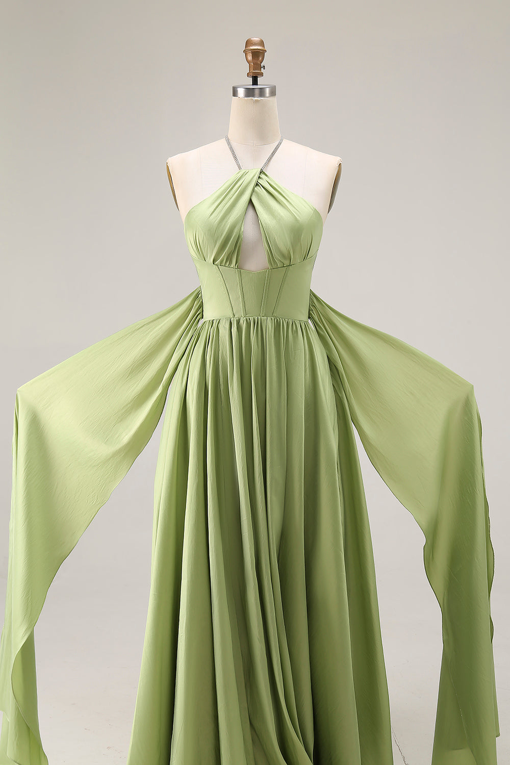 Sage Green A Line Satin Corset Keyhole Long Evenning Dress with Cap Sleeves
