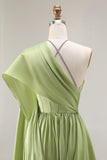 Sage Green A Line Satin Corset Keyhole Long Evenning Dress with Cap Sleeves