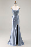Grey Blue Mermaid Corset Beaded Pleated Long Prom Dress with Slit