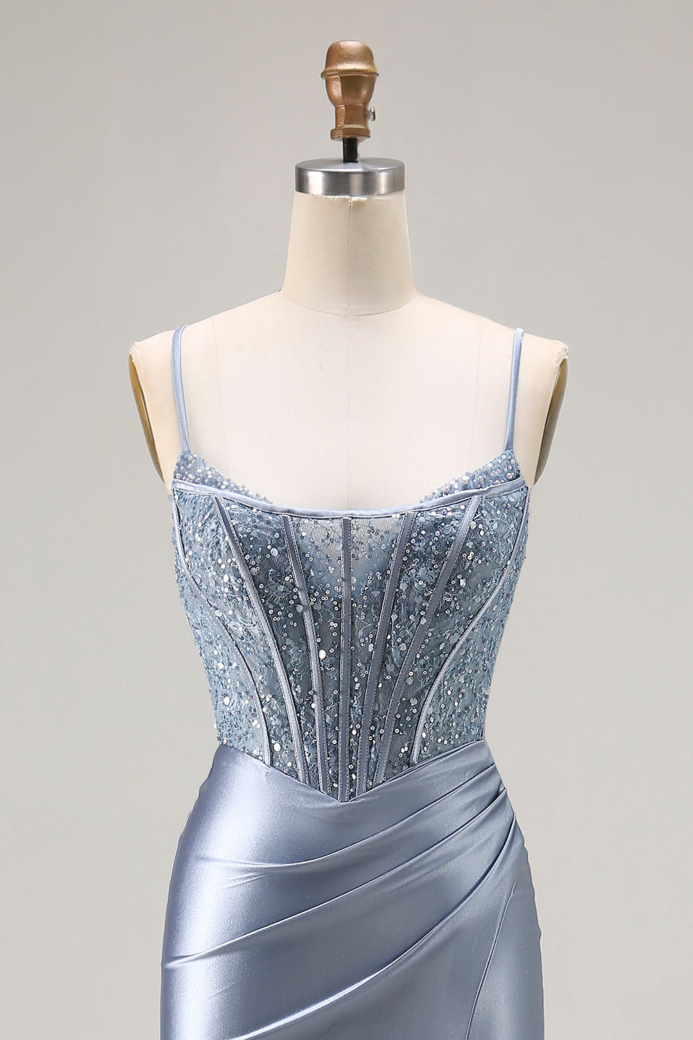 Grey Blue Mermaid Corset Beaded Pleated Long Prom Dress with Slit