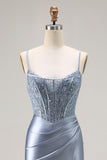 Grey Blue Mermaid Corset Beaded Pleated Long Prom Dress with Slit