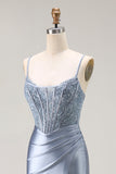 Grey Blue Mermaid Corset Beaded Pleated Long Prom Dress with Slit