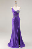 Dark Purple Mermaid One Shoulder Corset Long Prom Dress With Beading