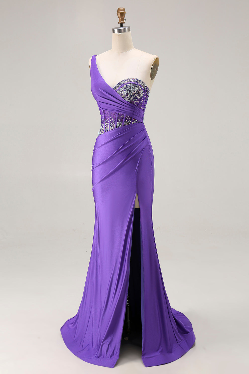 Dark Purple Mermaid One Shoulder Corset Long Prom Dress With Beading