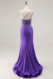 Dark Purple Mermaid One Shoulder Corset Long Prom Dress With Beading
