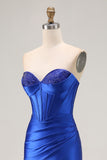 Royal Blue Strapless Beaded Corset Mermaid Pleated Long Prom Dress with Slit
