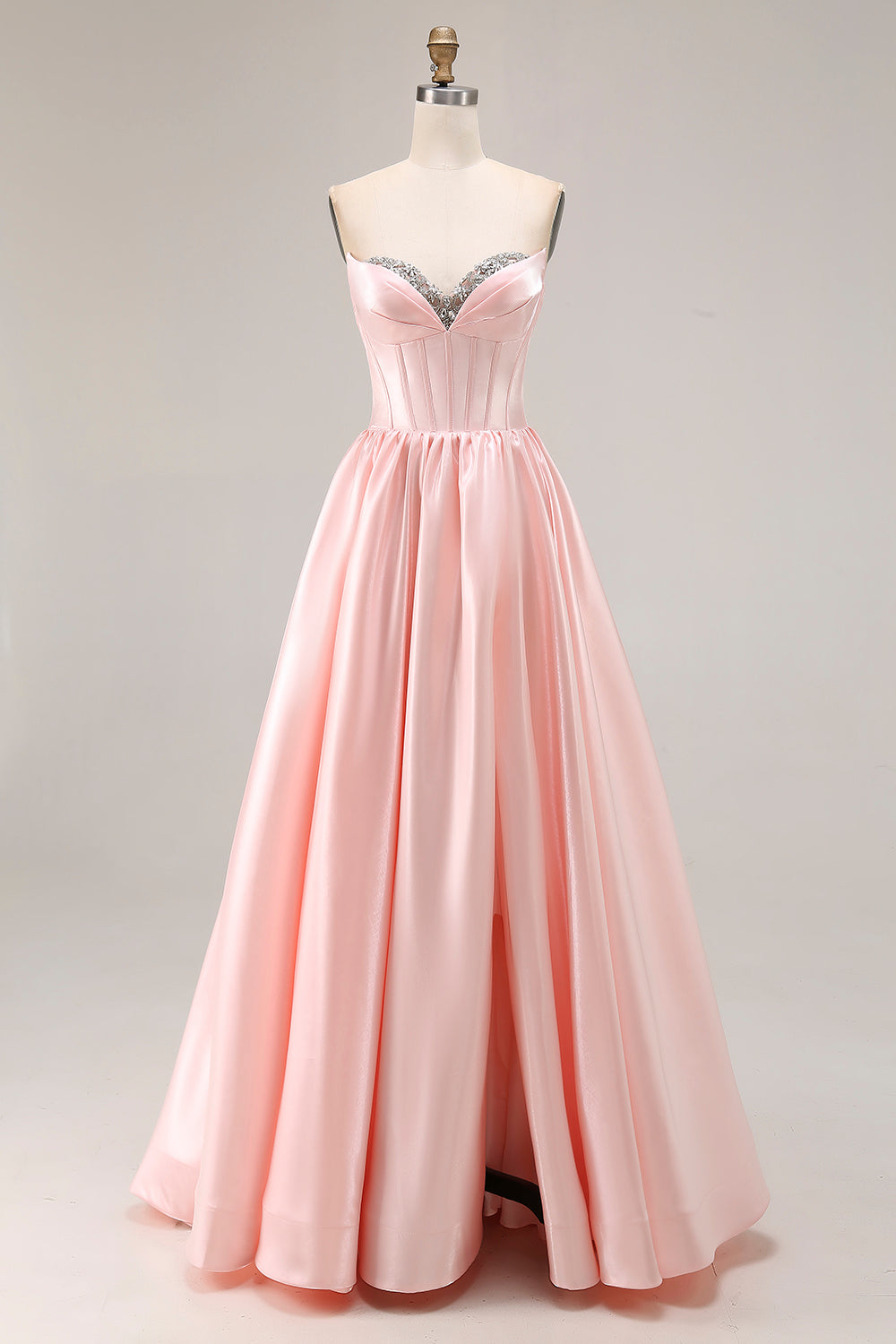 Pink A Line Sweetheart Satin Corset Long Prom Dress with Beading