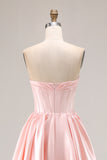 Pink A Line Sweetheart Satin Corset Long Prom Dress with Beading