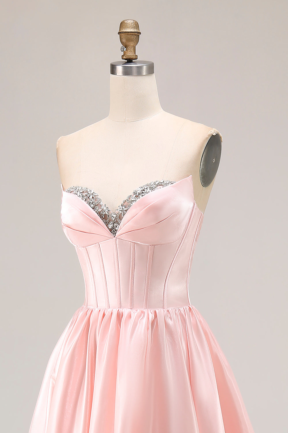 Pink A Line Sweetheart Satin Corset Long Prom Dress with Beading