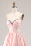 Pink A Line Sweetheart Satin Corset Long Prom Dress with Beading