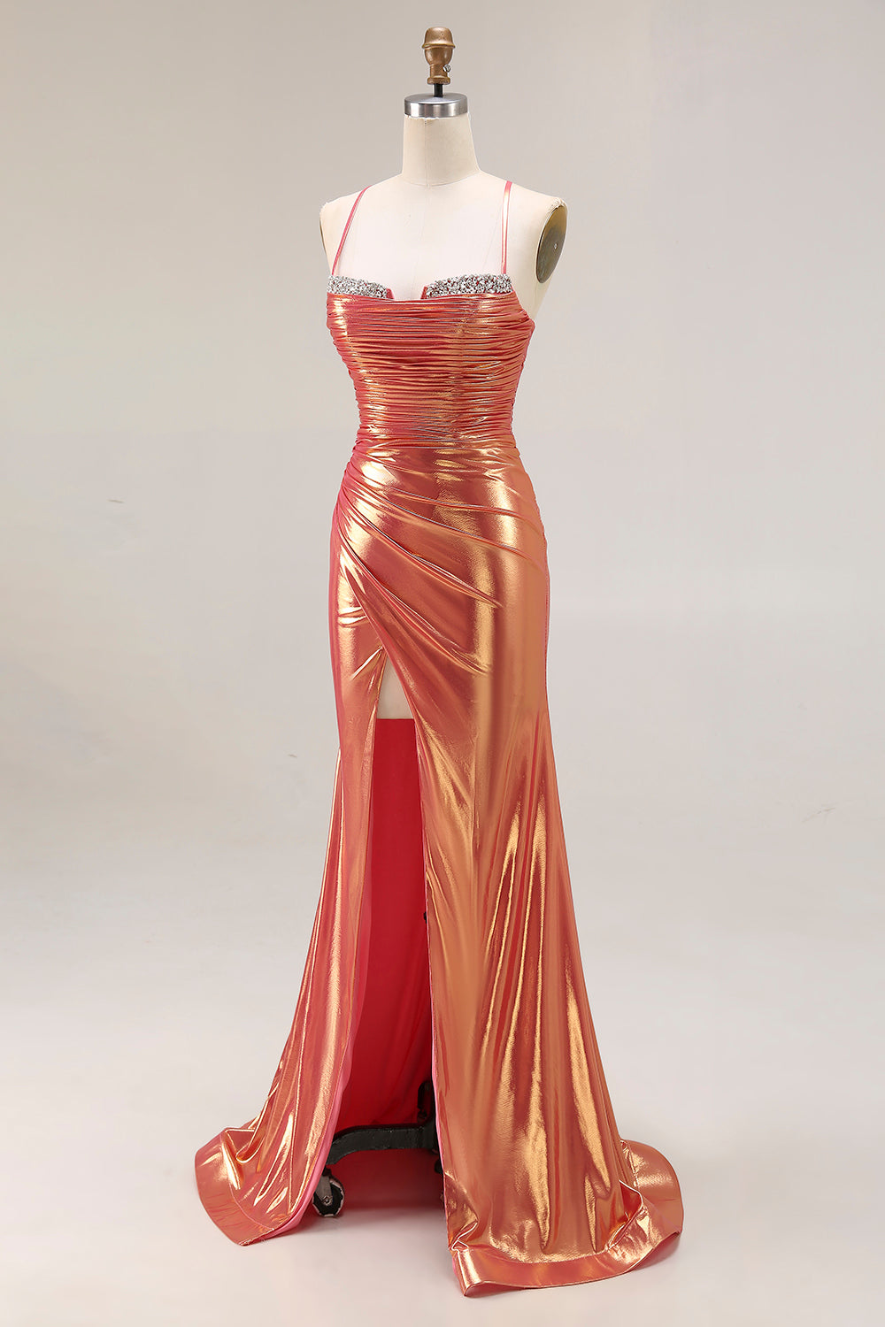 Metallic Orange Mermaid Beaded Ruched Long Prom Dress with Slit