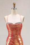 Metallic Orange Mermaid Beaded Ruched Long Prom Dress with Slit