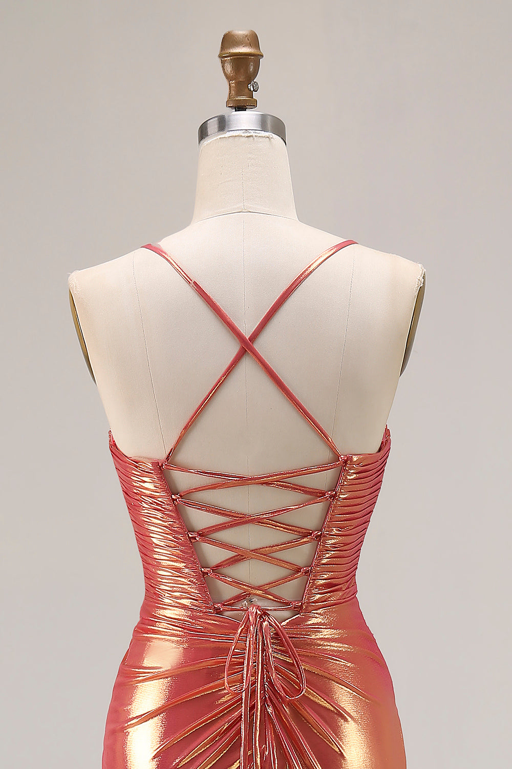 Metallic Orange Mermaid Beaded Ruched Long Prom Dress with Slit