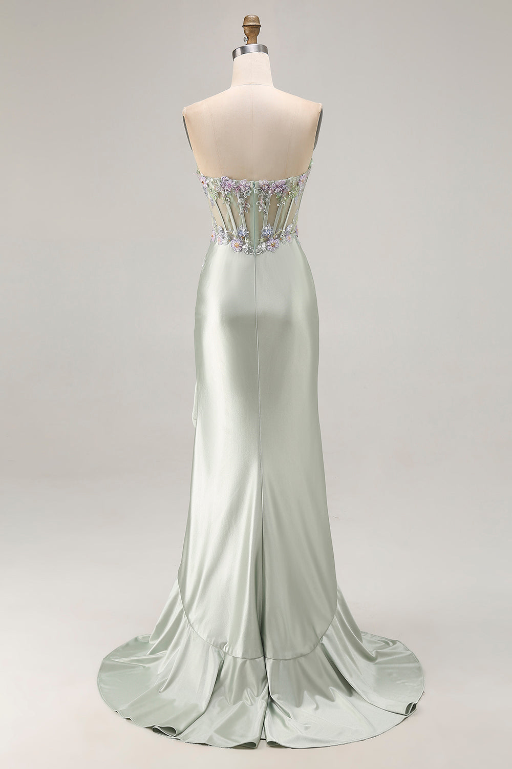 Dusty Sage Sweetheart Applique Corset Mermaid Sequin Long Prom Dress with Ruffle Slit