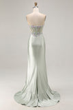 Dusty Sage Sweetheart Applique Corset Mermaid Sequin Long Prom Dress with Ruffle Slit