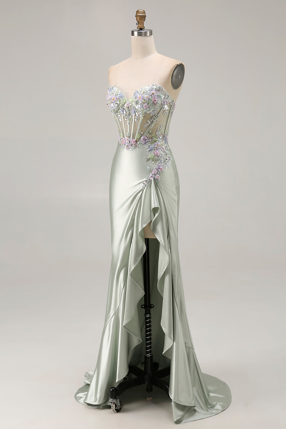 Dusty Sage Sweetheart Applique Corset Mermaid Sequin Long Prom Dress with Ruffle Slit