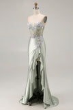 Dusty Sage Sweetheart Applique Corset Mermaid Sequin Long Prom Dress with Ruffle Slit