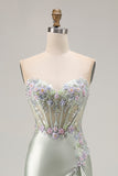 Dusty Sage Sweetheart Applique Corset Mermaid Sequin Long Prom Dress with Ruffle Slit