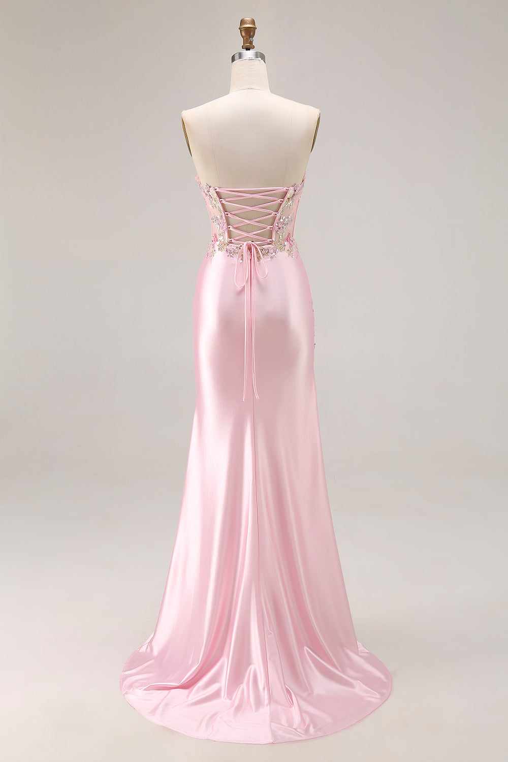 Pink Strapless Mermaid Corset Appliqued Sequin Long Prom Dress With Slit