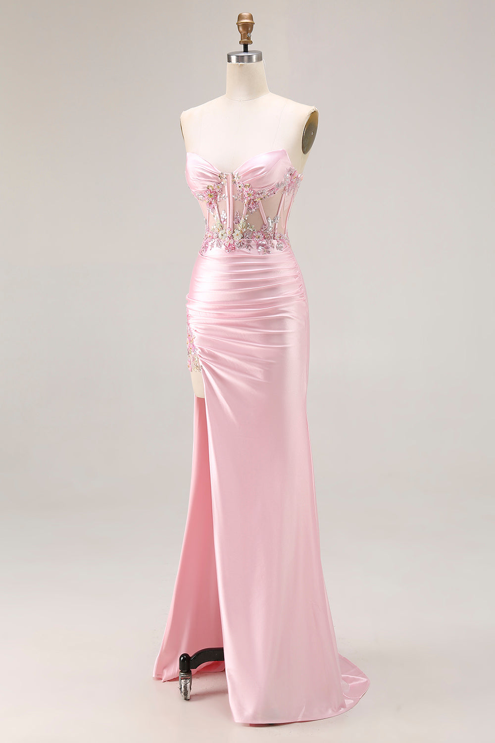 Pink Strapless Mermaid Corset Appliqued Sequin Long Prom Dress With Slit