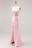 Pink Strapless Mermaid Corset Appliqued Sequin Long Prom Dress With Slit