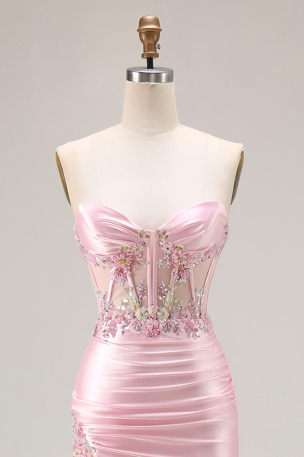 Pink Strapless Mermaid Corset Appliqued Sequin Long Prom Dress With Slit