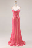 Glitter Watermelon Mermaid Pleated Corset Long Prom Dress With Beading
