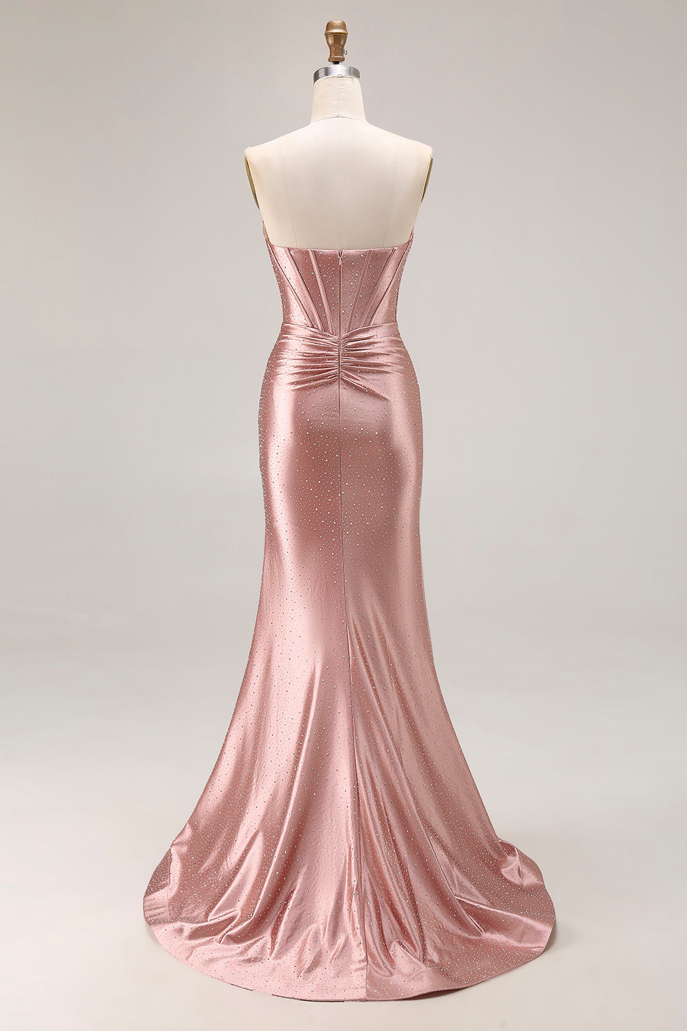 Dusty Rose Mermaid Strapless Beaded Corset Satin Long Prom Dress with Slit