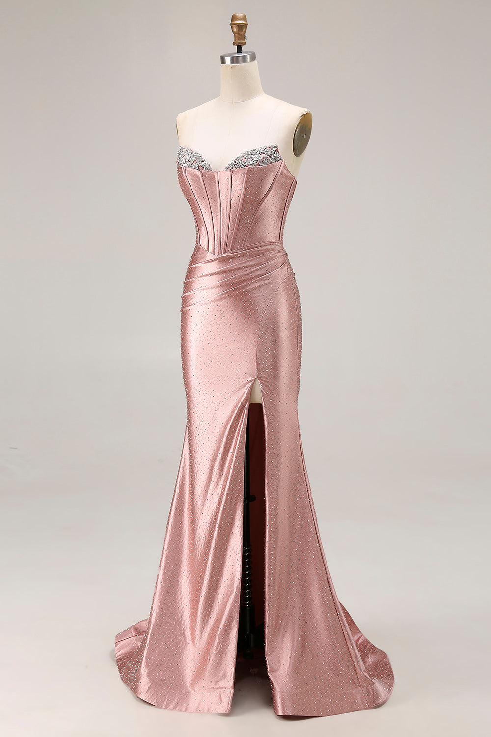 Dusty Rose Mermaid Strapless Beaded Corset Satin Long Prom Dress with Slit