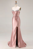 Dusty Rose Mermaid Strapless Beaded Corset Satin Long Prom Dress with Slit